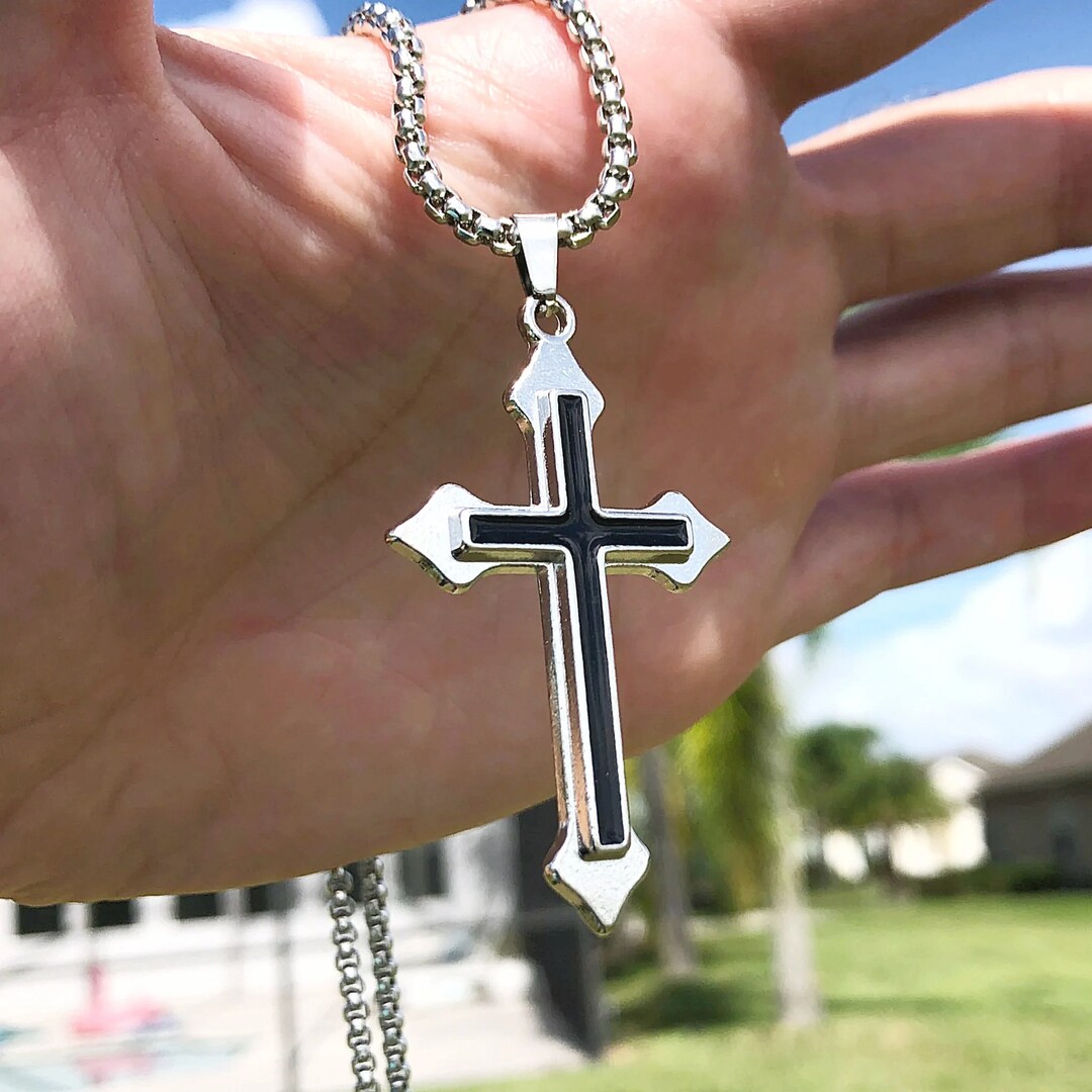 Men's Stainless Steel Cross Necklace - Silver/Black/Gold Crucifix Pendant With 21.6" Chain (Gift Box)